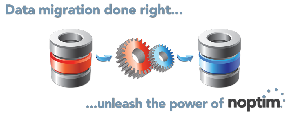 Data migration icon with text — Data migration done right... unleash the power of noptim.